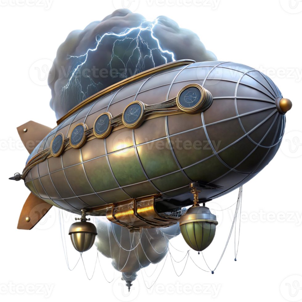 magnificent traditional A massive steampunk zeppelin flying through a storm, dramatic, lightning-filled lighting 4K png