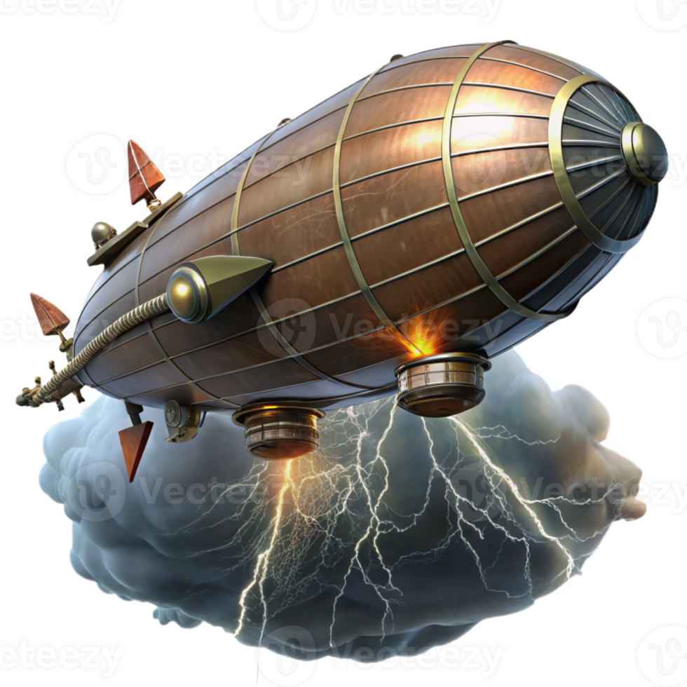 dramatic creative A massive steampunk zeppelin flying through a storm, dramatic, lightning-filled lighting high resolution png