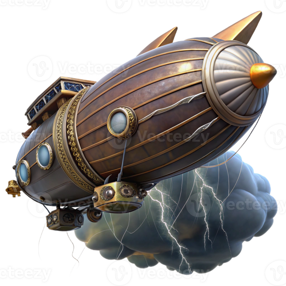 elegant creative A massive steampunk zeppelin flying through a storm, dramatic, lightning-filled lighting detailed png