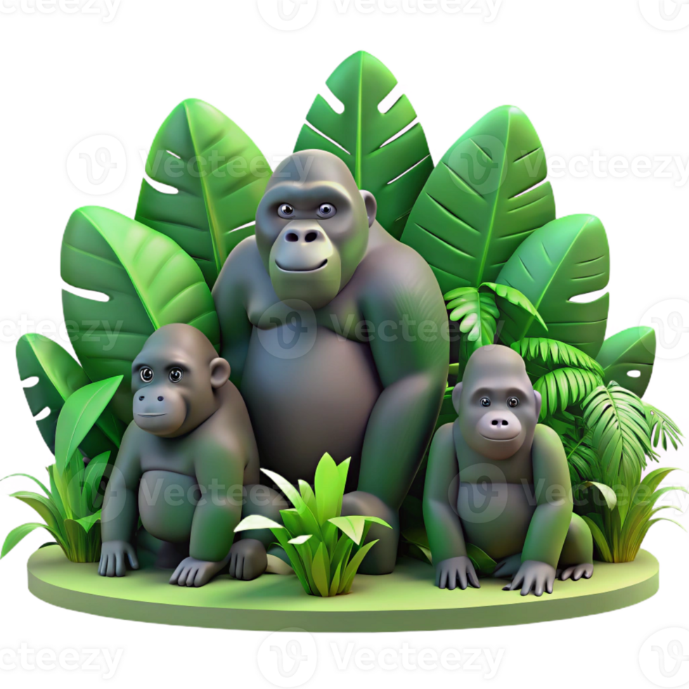 dramatic contemporary A family of gorillas in a dense jungle, lush green foliage and dappled sunlight, nature documentary style detailed png
