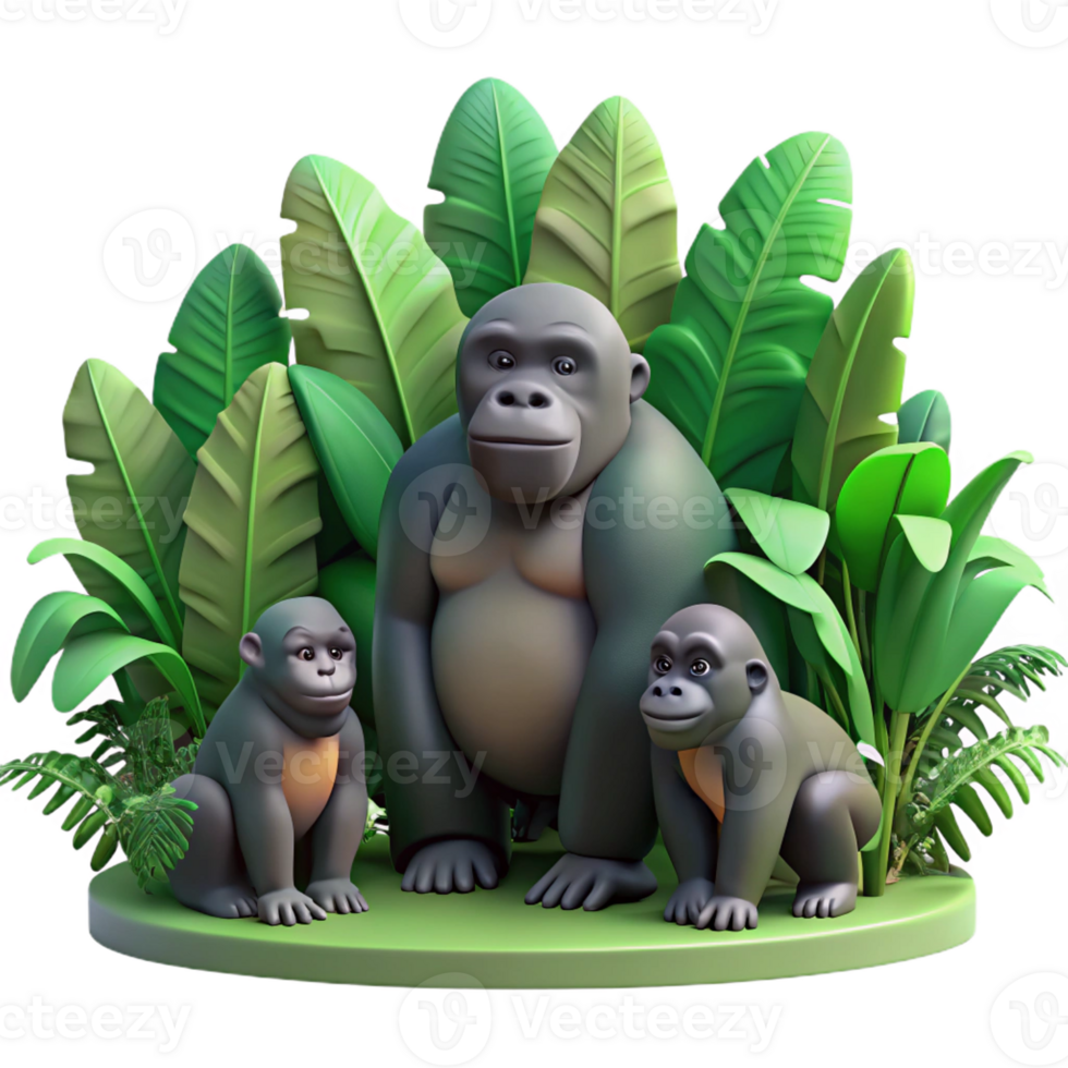 serene modern A family of gorillas in a dense jungle, lush green foliage and dappled sunlight, nature documentary style professional png