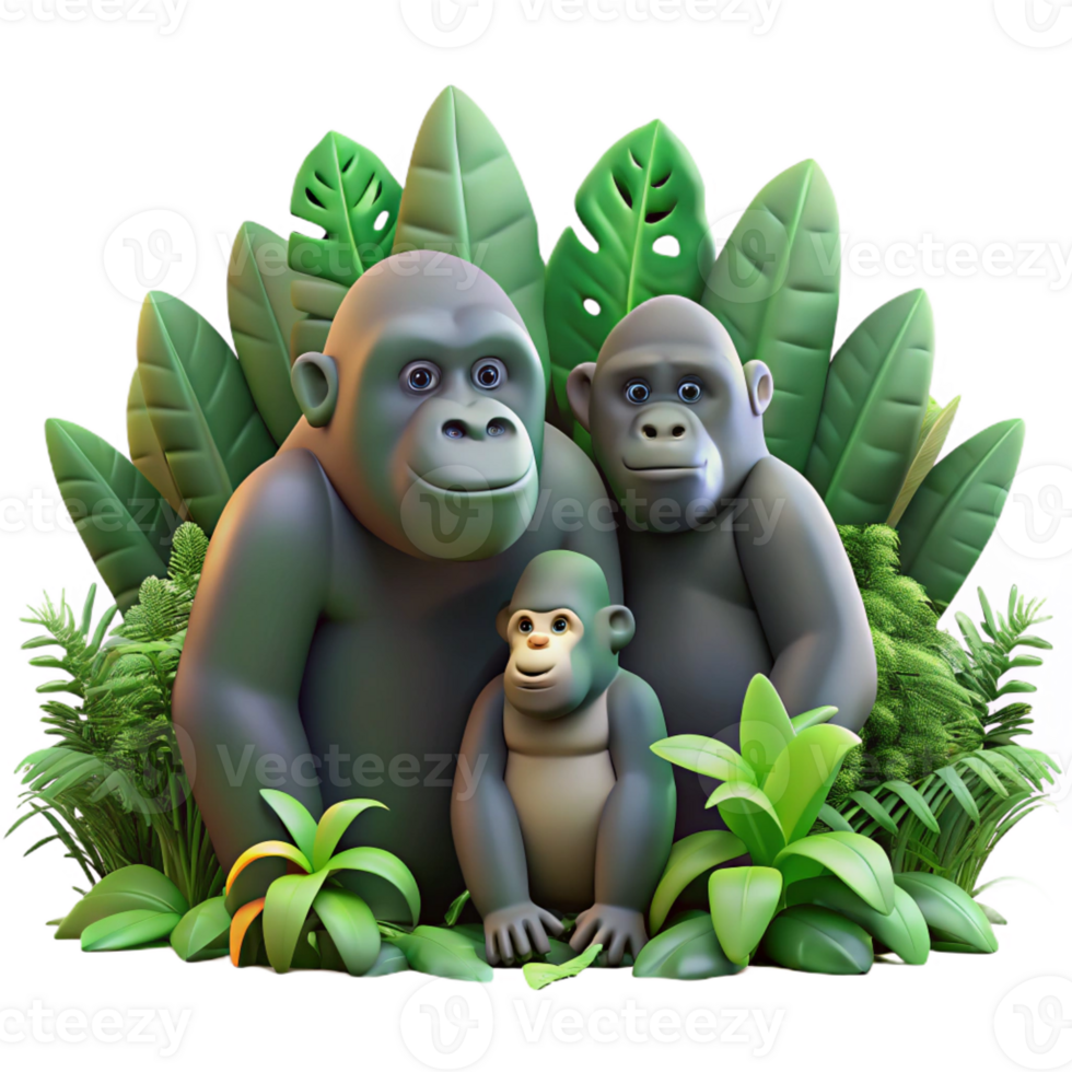 serene traditional A family of gorillas in a dense jungle, lush green foliage and dappled sunlight, nature documentary style professional png