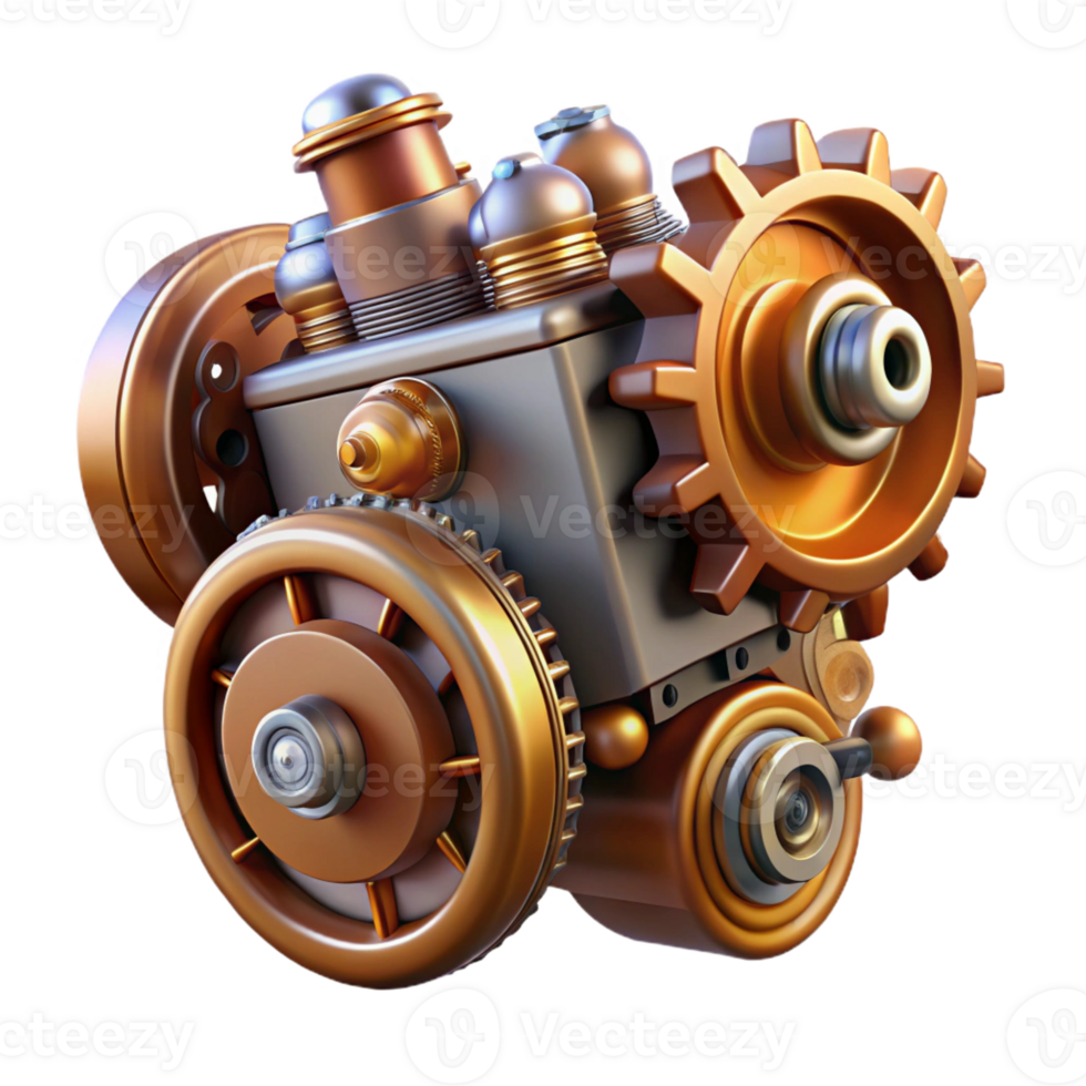 wonderful creative A complex steampunk engine with spinning gears and pistons, dynamic, motion-blurred lighting professional png