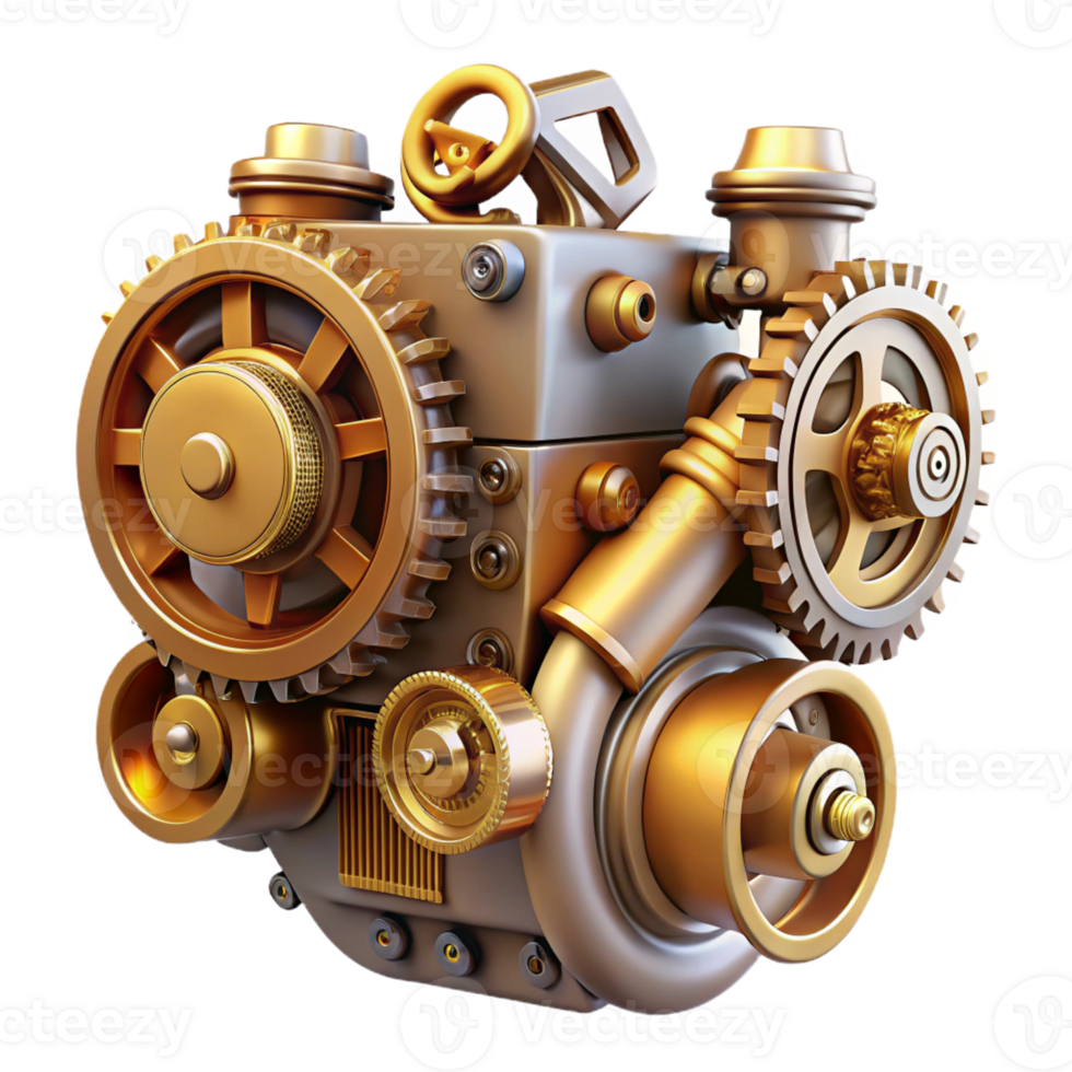 serene modern A complex steampunk engine with spinning gears and pistons, dynamic, motion-blurred lighting genuine png