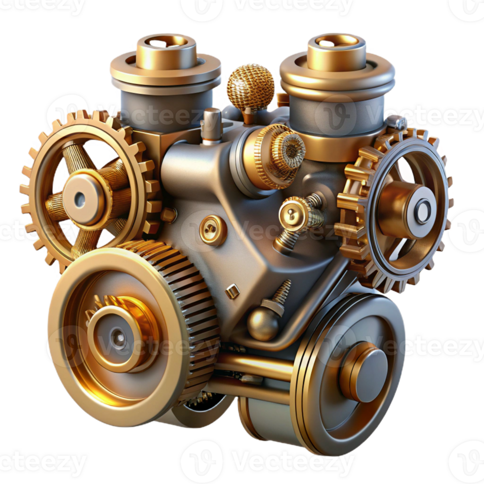 vibrant vintage A complex steampunk engine with spinning gears and pistons, dynamic, motion-blurred lighting professional png