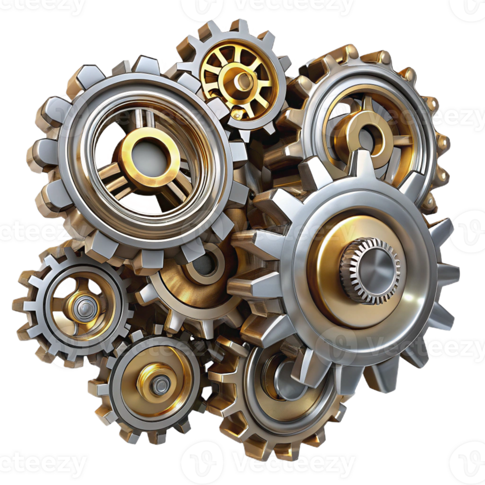 wonderful classic A group of steampunk cogs and gears forming a intricate pattern, metallic, reflective lighting detailed png