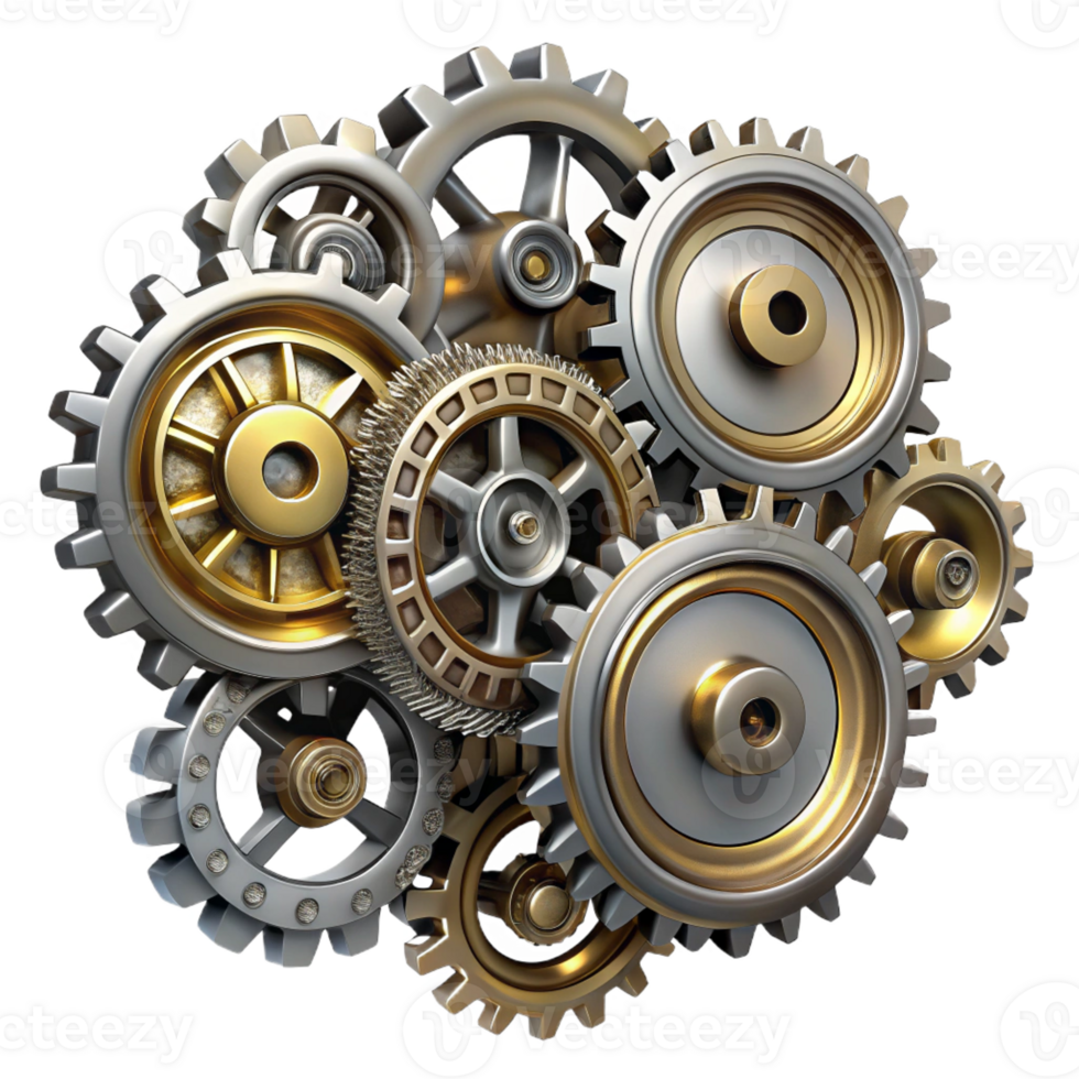 serene traditional A group of steampunk cogs and gears forming a intricate pattern, metallic, reflective lighting high resolution png