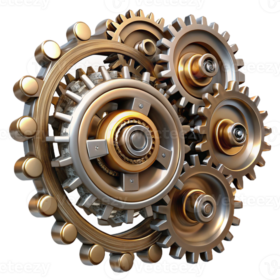 beautiful classic A group of steampunk cogs and gears forming a intricate pattern, metallic, reflective lighting high quality png
