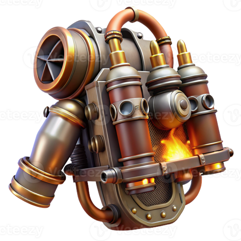 wonderful artistic A detailed steampunk jetpack with intricate pipes and valves, fiery, dynamic lighting original png