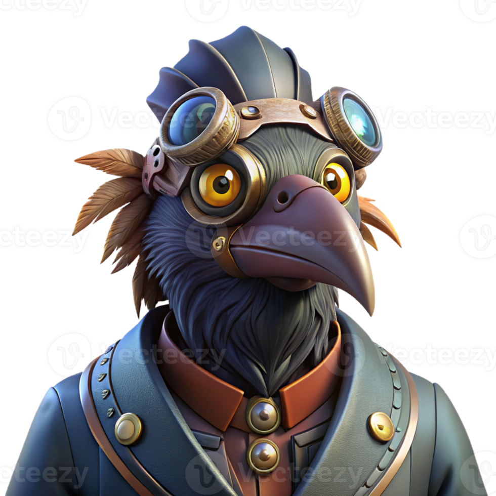 stunning rustic A portrait of a steampunk raven with clockwork feathers and glowing eyes, dramatic, dark lighting detailed png