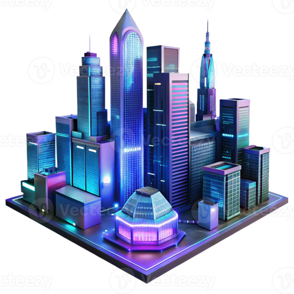 beautiful minimalist A futuristic cityscape at night, towering skyscrapers with holographic advertisements shimmering in the rain, cyberpunk style, neon lights reflecting on wet pavement high quality png