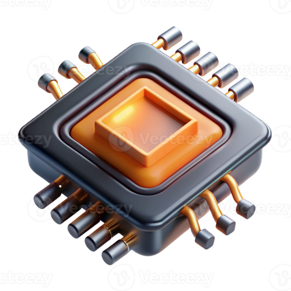 magnificent artistic A single microchip, magnified to reveal its complex layers and pathways, glowing with an internal orange light, highly detailed and technical illustration style genuine png