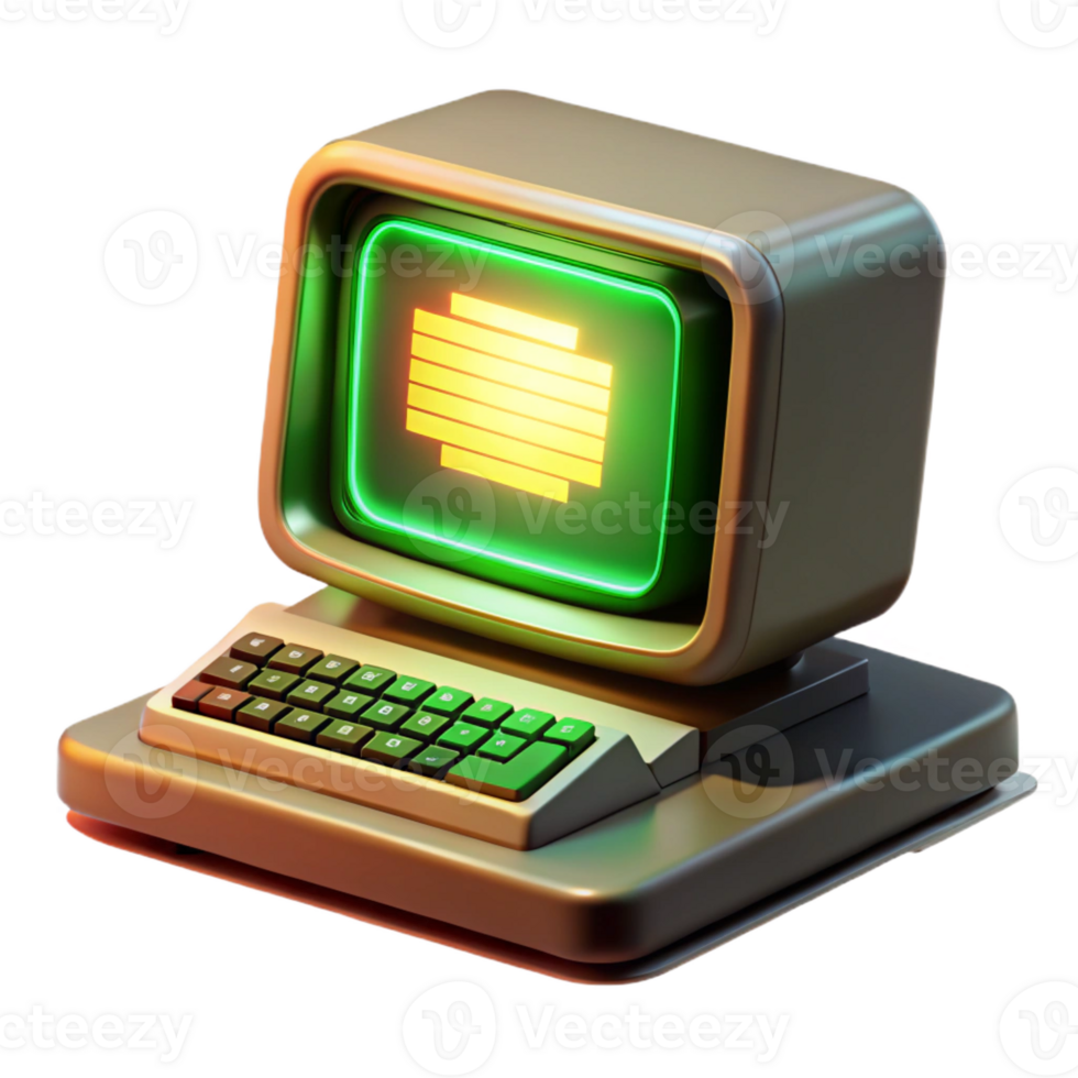 vibrant minimalist A vintage computer terminal displaying cascading green code, bathed in the warm glow of an incandescent desk lamp, retro 80s aesthetic genuine png