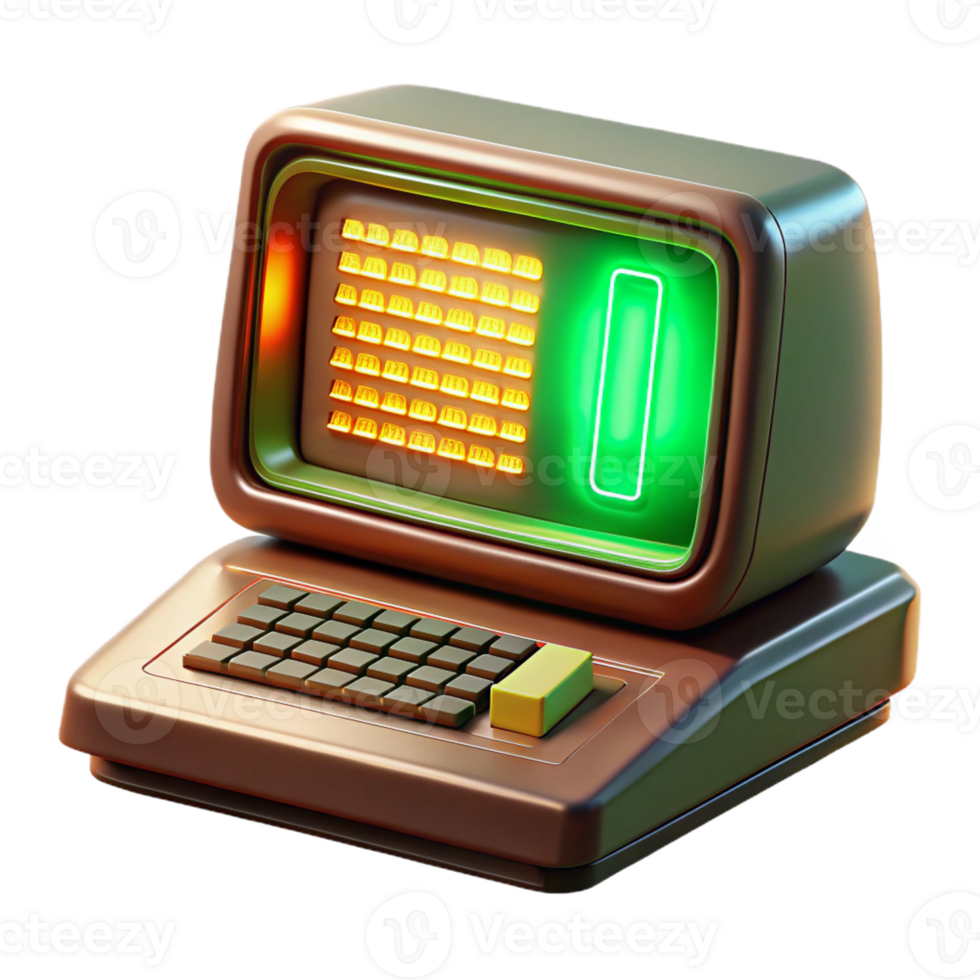 vibrant classic A vintage computer terminal displaying cascading green code, bathed in the warm glow of an incandescent desk lamp, retro 80s aesthetic high resolution png