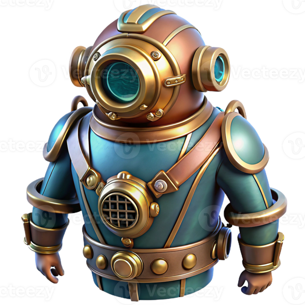 impressive creative A complex steampunk diving suit with intricate brass and copper details, underwater, blue-tinted lighting 4K png