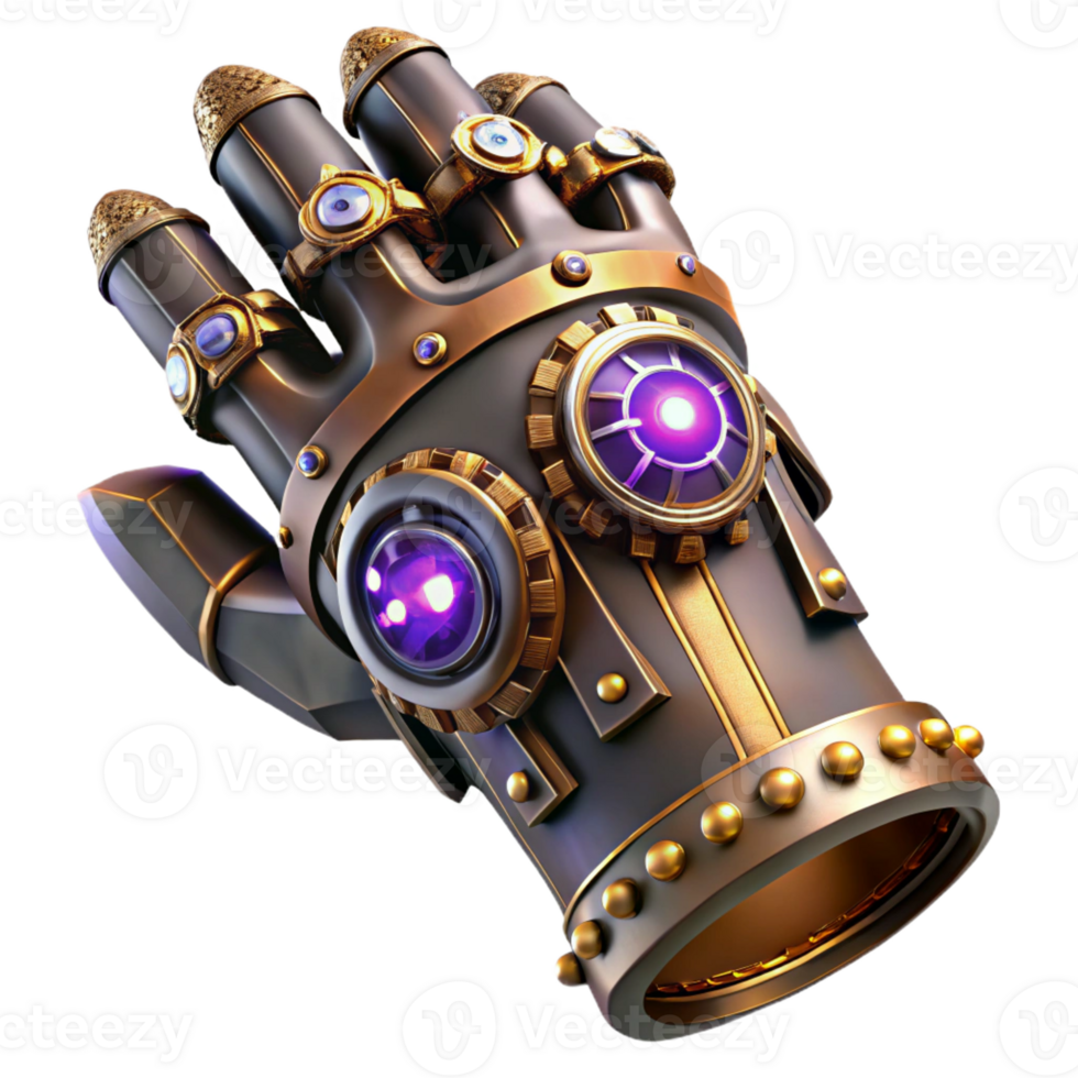 serene minimalist A detailed steampunk gauntlet with intricate gears and glowing crystals, sharp, contrasting lighting high quality png