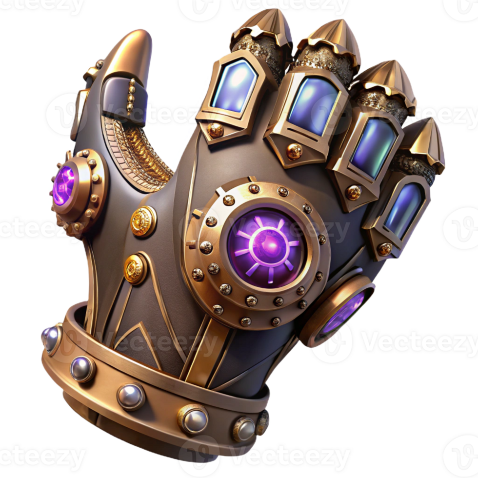 beautiful artistic A detailed steampunk gauntlet with intricate gears and glowing crystals, sharp, contrasting lighting premium png