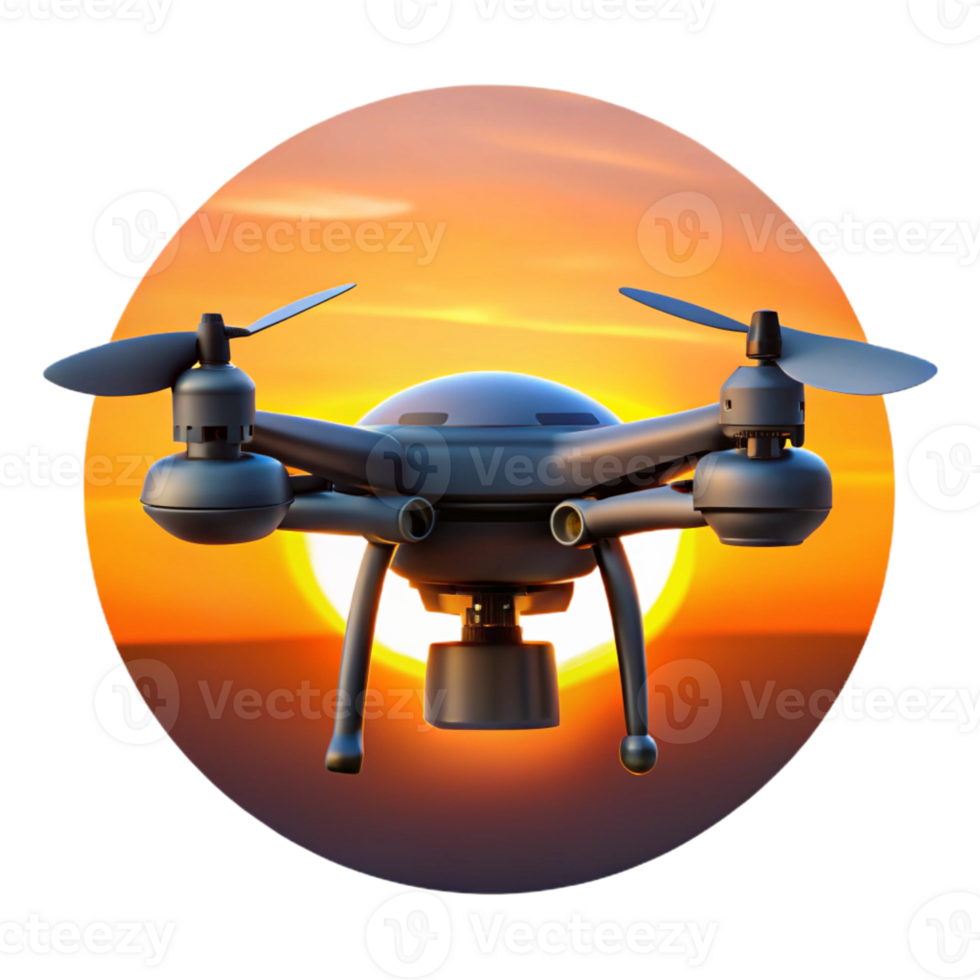 wonderful traditional A solitary drone silhouetted against a vibrant orange sunset, intricate details visible on its rotors, cinematic and dramatic lighting high quality png