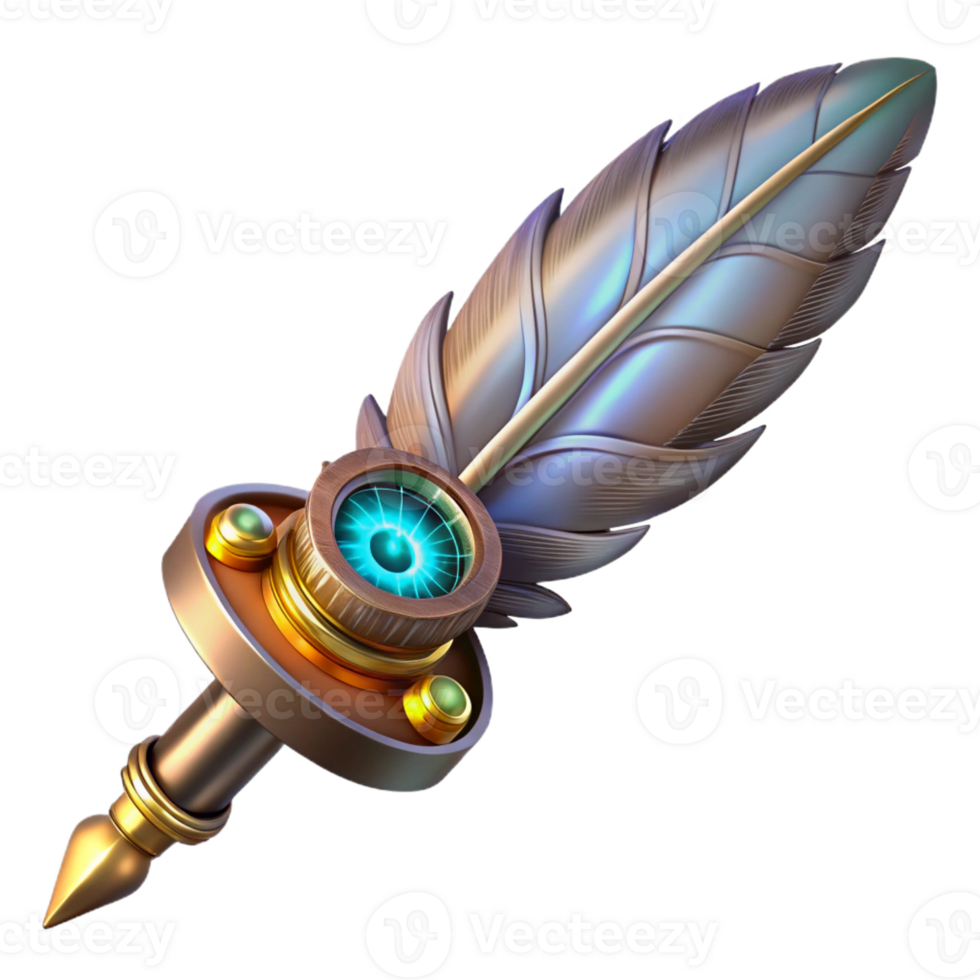 elegant creative A delicate steampunk feather pen with intricate gears and a glowing nib, soft, warm lighting exclusive png