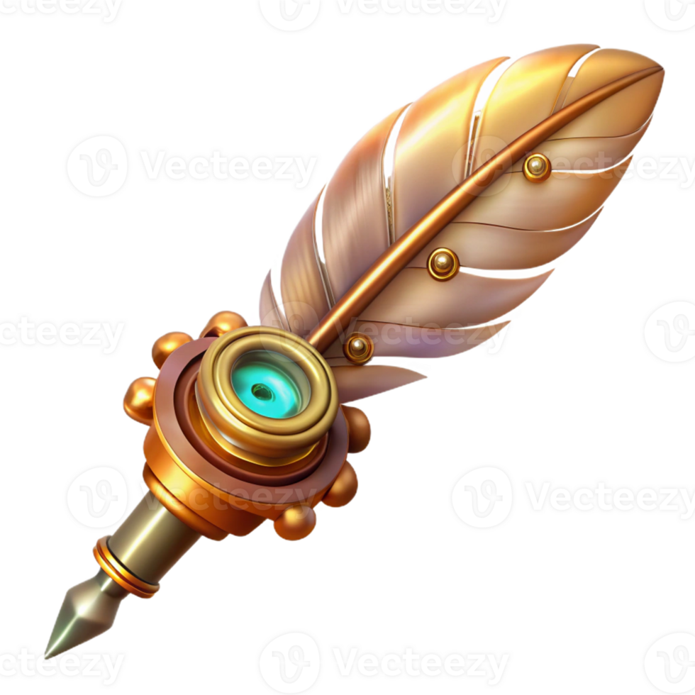 serene modern A delicate steampunk feather pen with intricate gears and a glowing nib, soft, warm lighting high resolution png