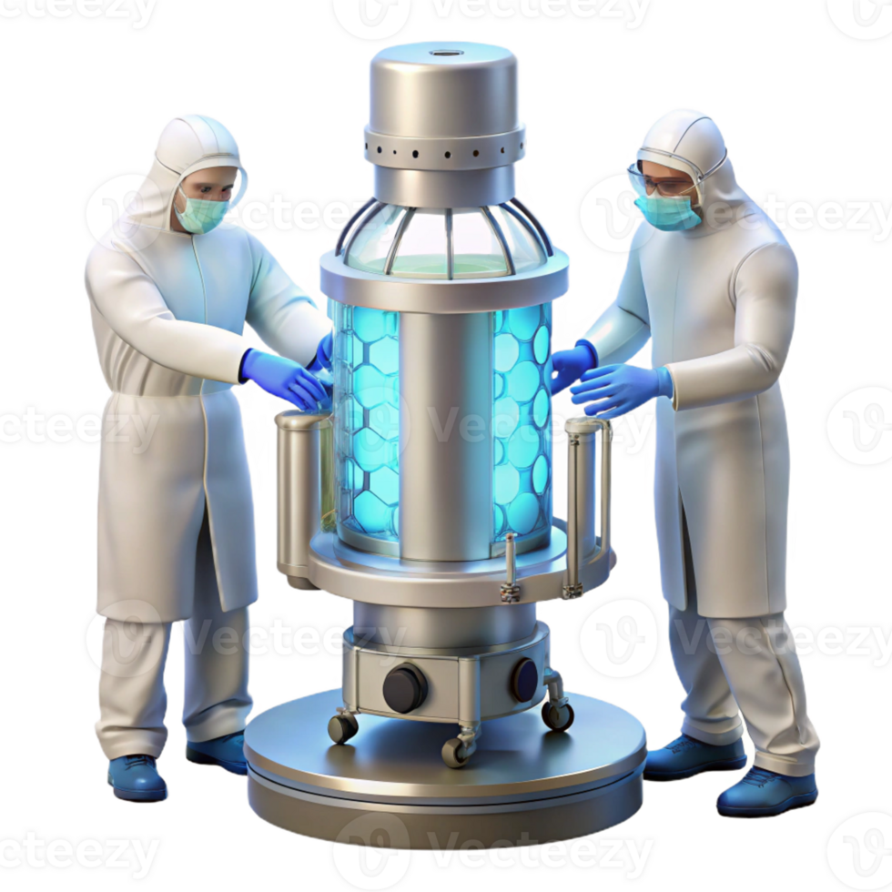 extraordinary vintage A group of scientists in sterile suits working on a complex piece of machinery, illuminated by bright overhead fluorescent lights, realistic and detailed 4K png