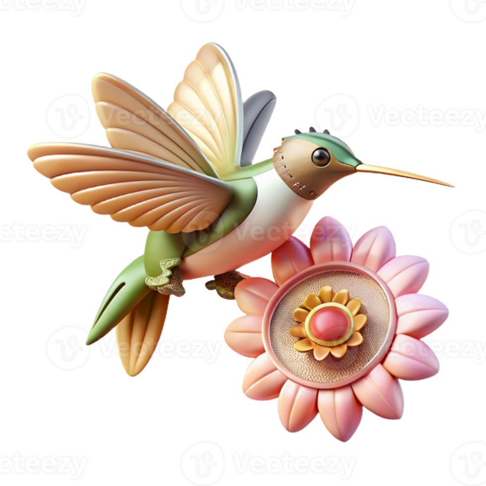 stunning classic A delicate clockwork hummingbird hovering over a blooming mechanical flower, soft pastel lighting, art nouveau style authentic png