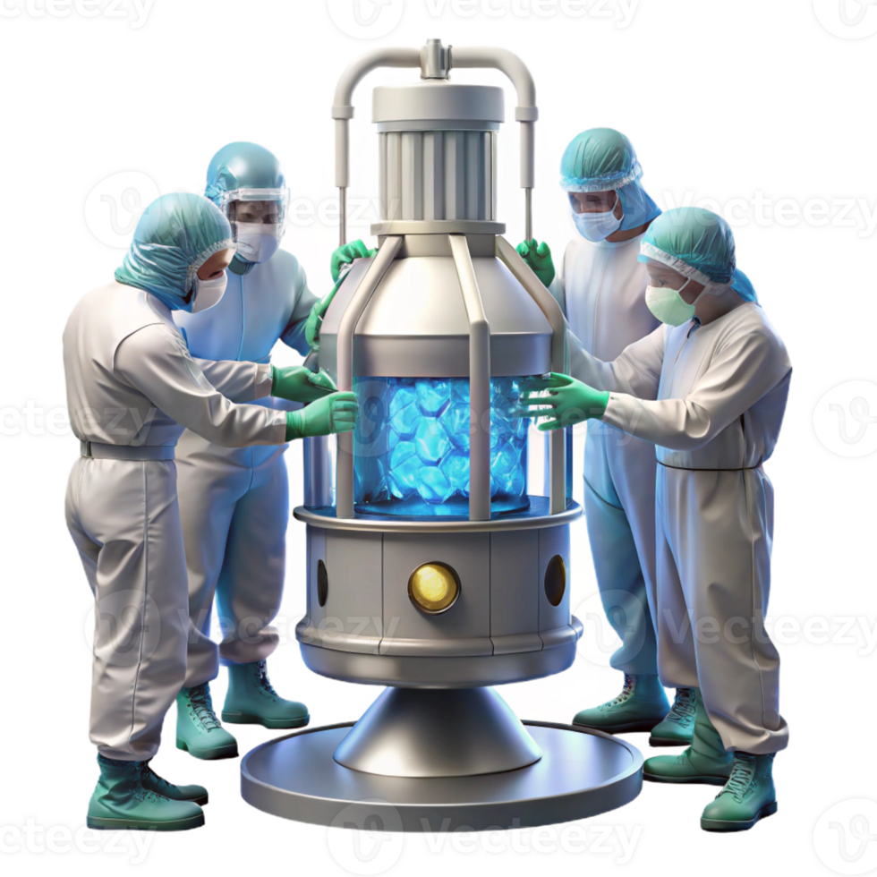 stunning contemporary A group of scientists in sterile suits working on a complex piece of machinery, illuminated by bright overhead fluorescent lights, realistic and detailed original png