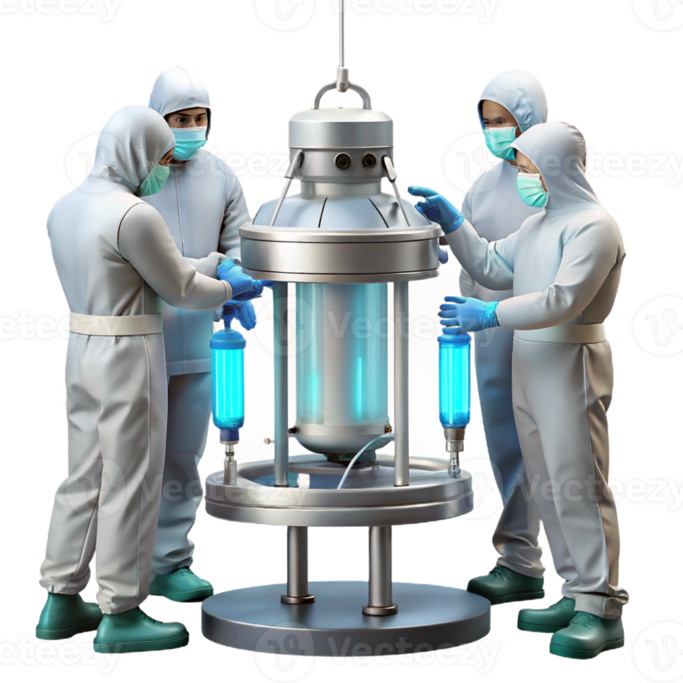 dramatic minimalist A group of scientists in sterile suits working on a complex piece of machinery, illuminated by bright overhead fluorescent lights, realistic and detailed genuine png