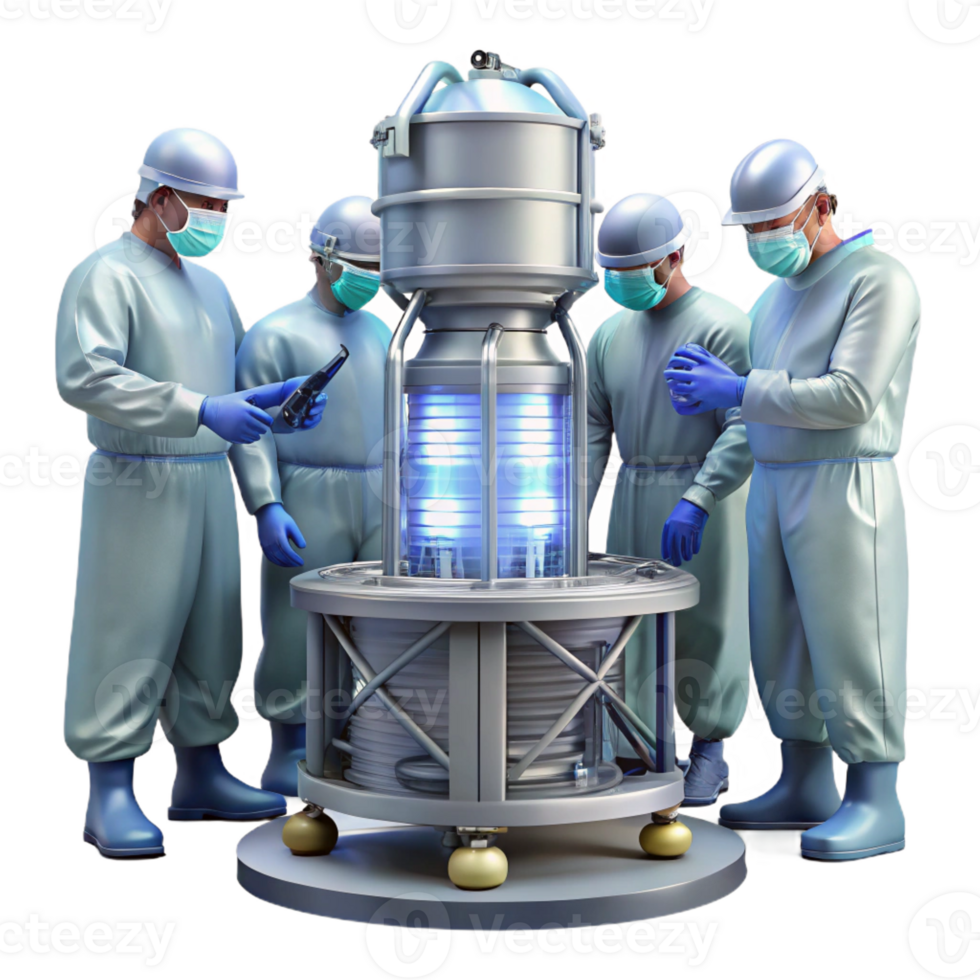 beautiful classic A group of scientists in sterile suits working on a complex piece of machinery, illuminated by bright overhead fluorescent lights, realistic and detailed high quality png