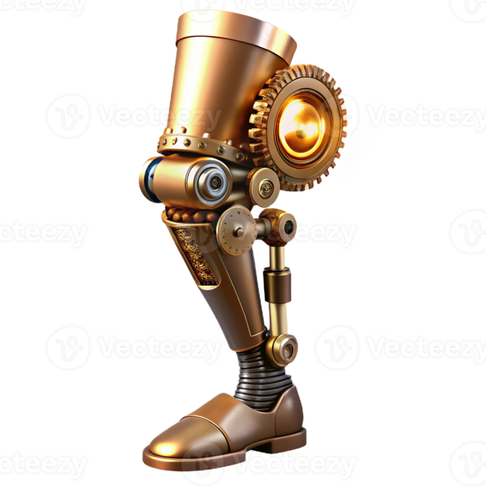 beautiful classic A steampunk-inspired prosthetic leg with intricate gears, pistons, and polished copper plating, illuminated by a single spotlight, hyperrealistic style original png
