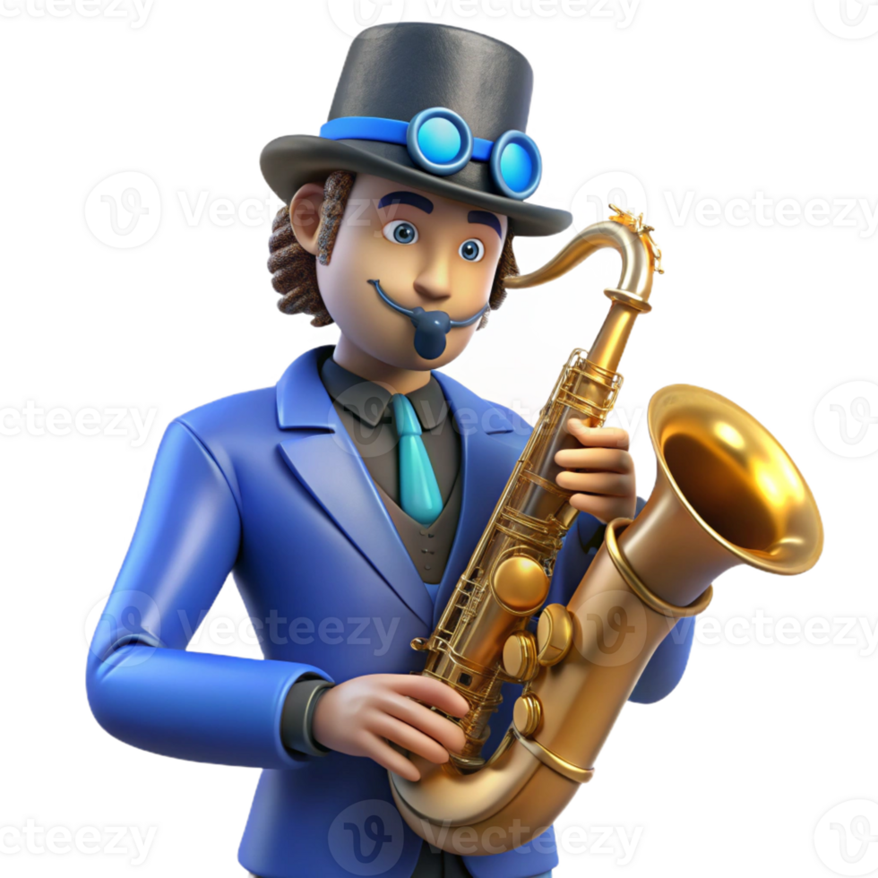 beautiful contemporary A steampunk musician playing a brass saxophone with intricate valve work, bathed in blue stage lighting, art deco style 4K png