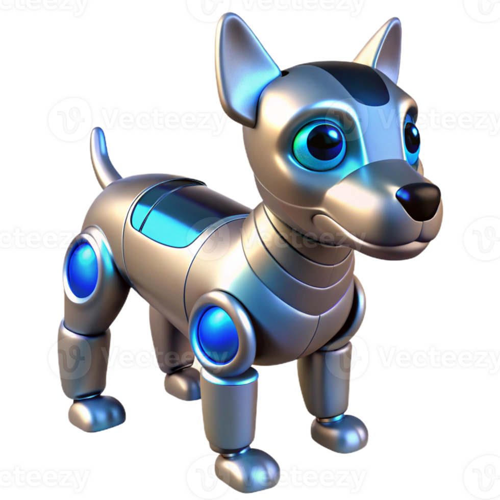 serene modern A robotic dog with glowing blue eyes, sleek metallic finish, soft spotlight from above high quality png
