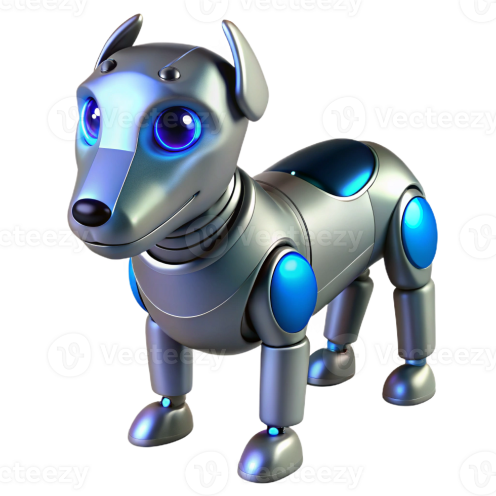elegant abstract A robotic dog with glowing blue eyes, sleek metallic finish, soft spotlight from above original png