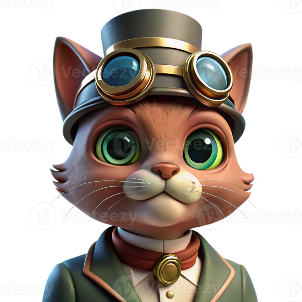 beautiful classic A portrait of a steampunk cat wearing goggles and a tiny top hat, soft diffuse lighting, whimsical style high resolution png