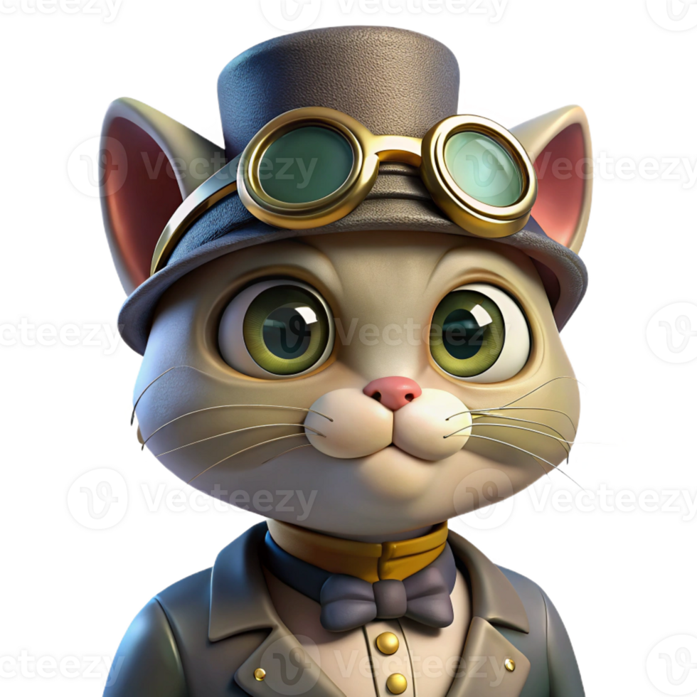 magnificent modern A portrait of a steampunk cat wearing goggles and a tiny top hat, soft diffuse lighting, whimsical style exclusive png