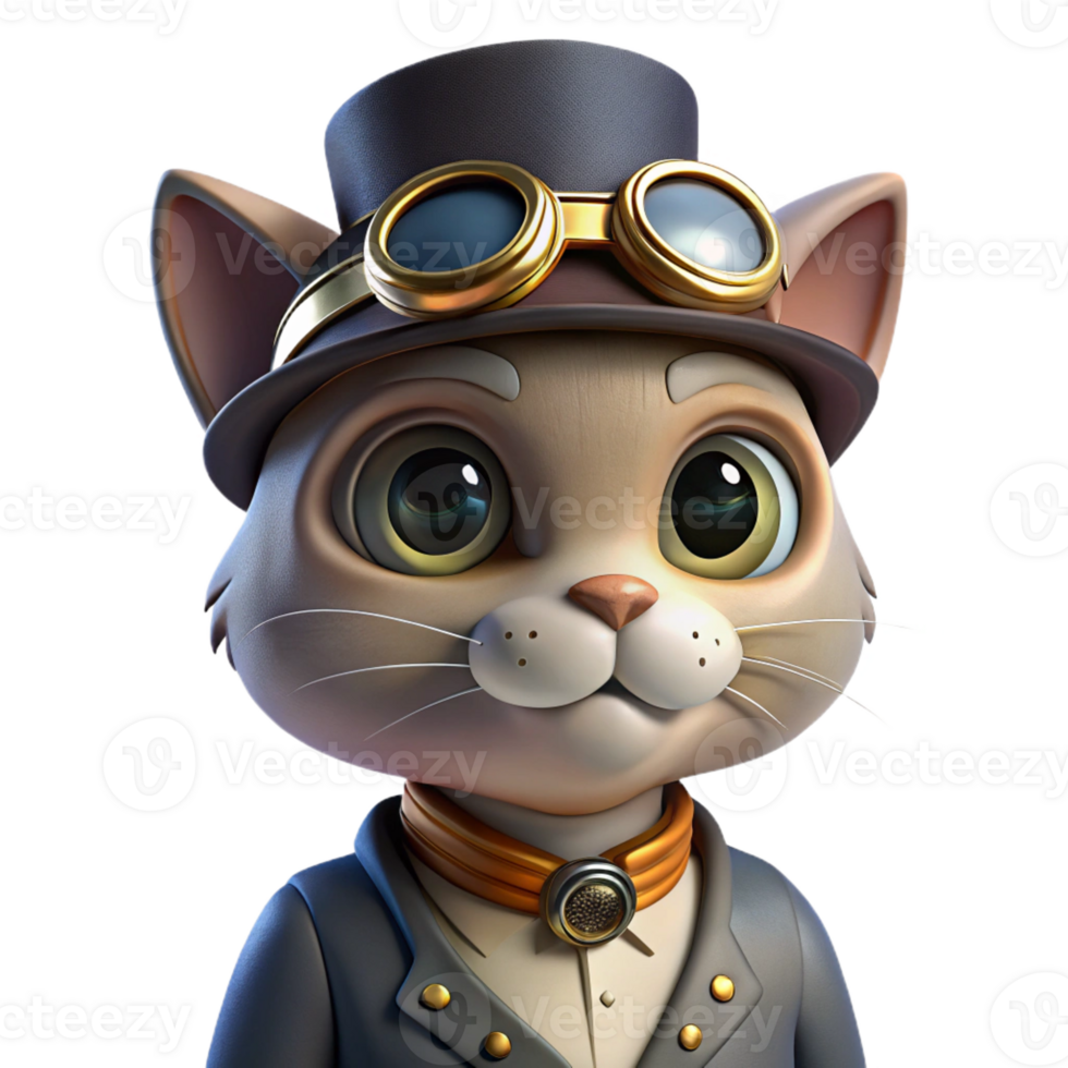 vibrant creative A portrait of a steampunk cat wearing goggles and a tiny top hat, soft diffuse lighting, whimsical style premium png