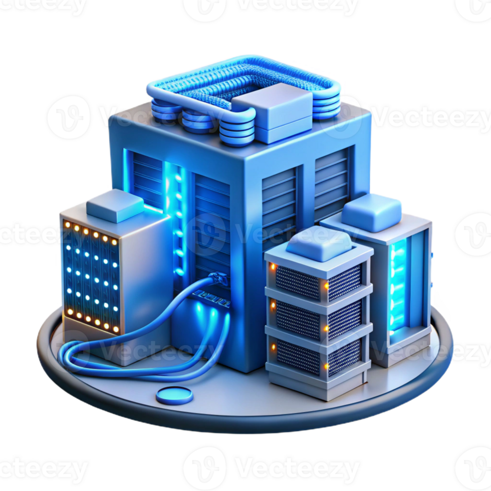 vibrant traditional A server room filled with blinking lights and cables, complex and organized chaos, cool blue lighting high quality png