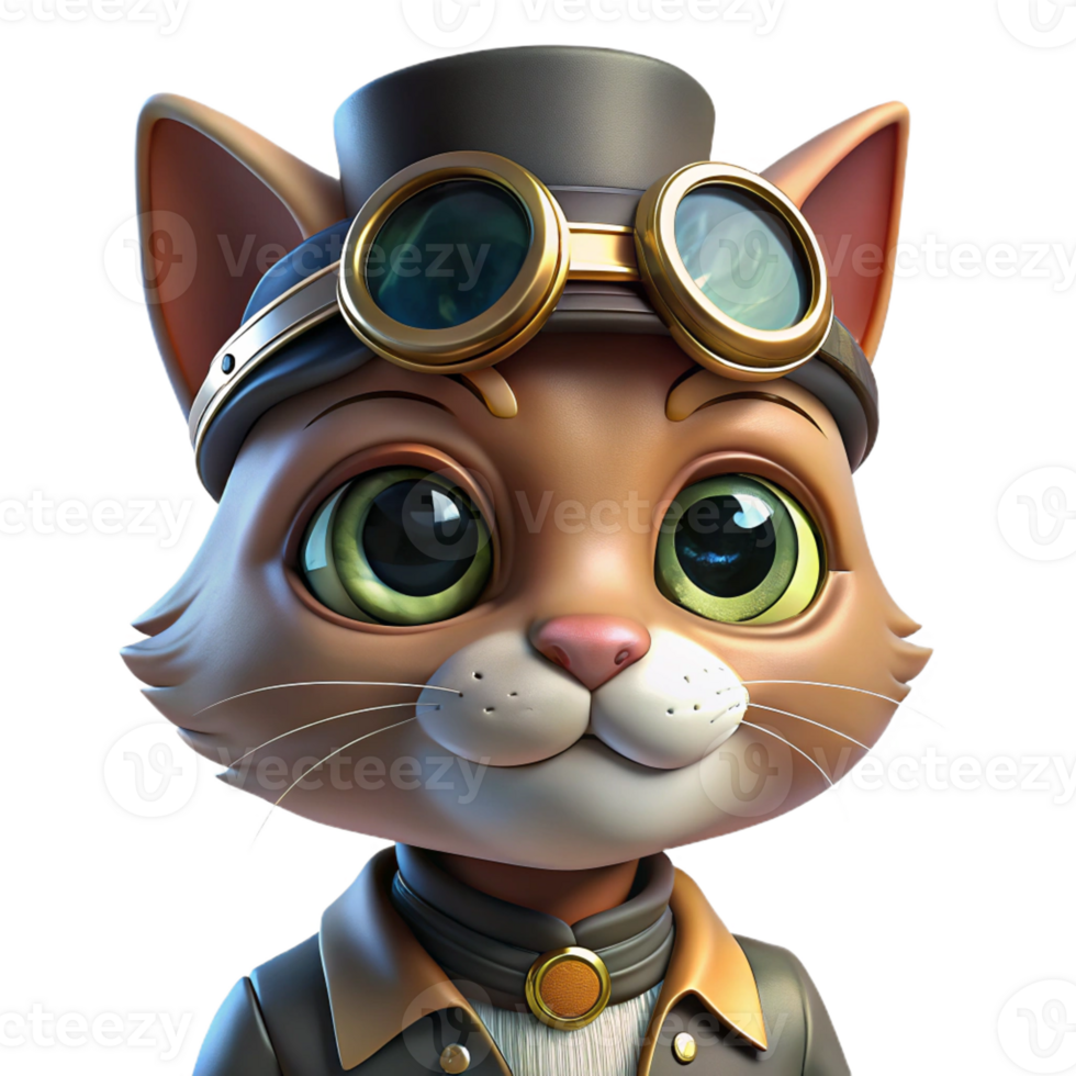 vibrant classic A portrait of a steampunk cat wearing goggles and a tiny top hat, soft diffuse lighting, whimsical style high resolution png