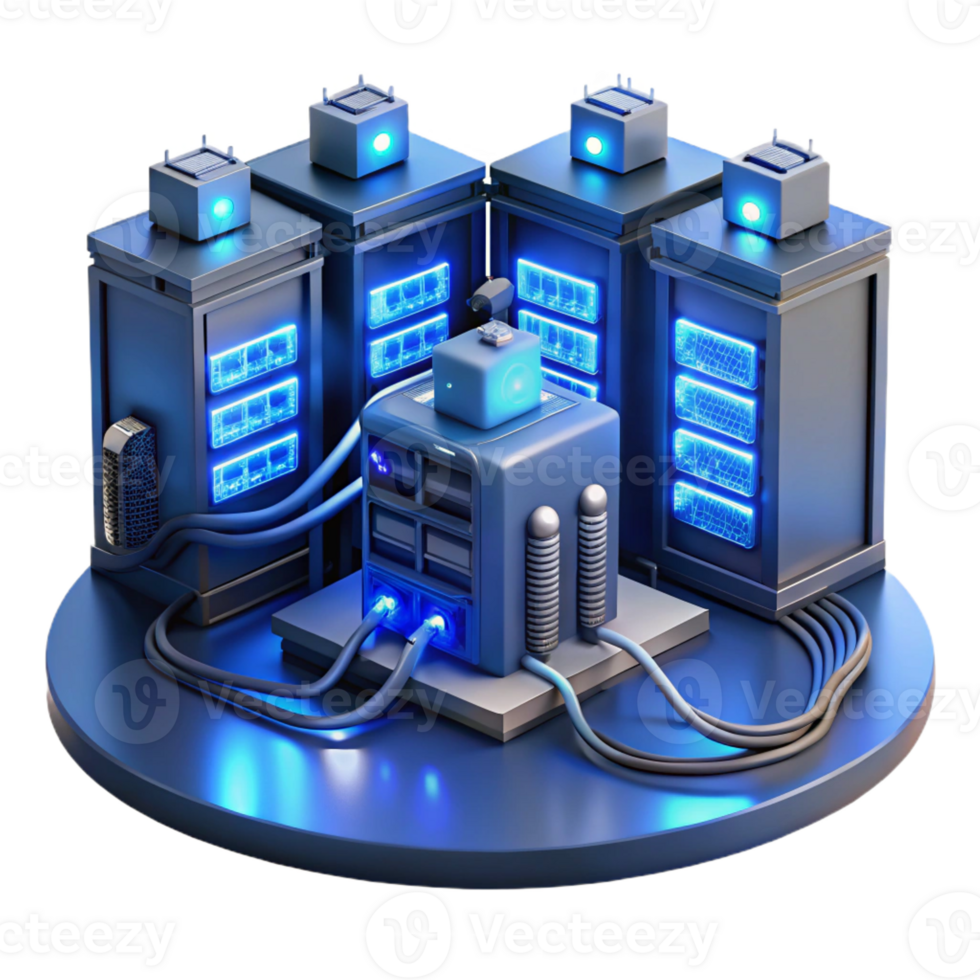 impressive classic A server room filled with blinking lights and cables, complex and organized chaos, cool blue lighting high resolution png