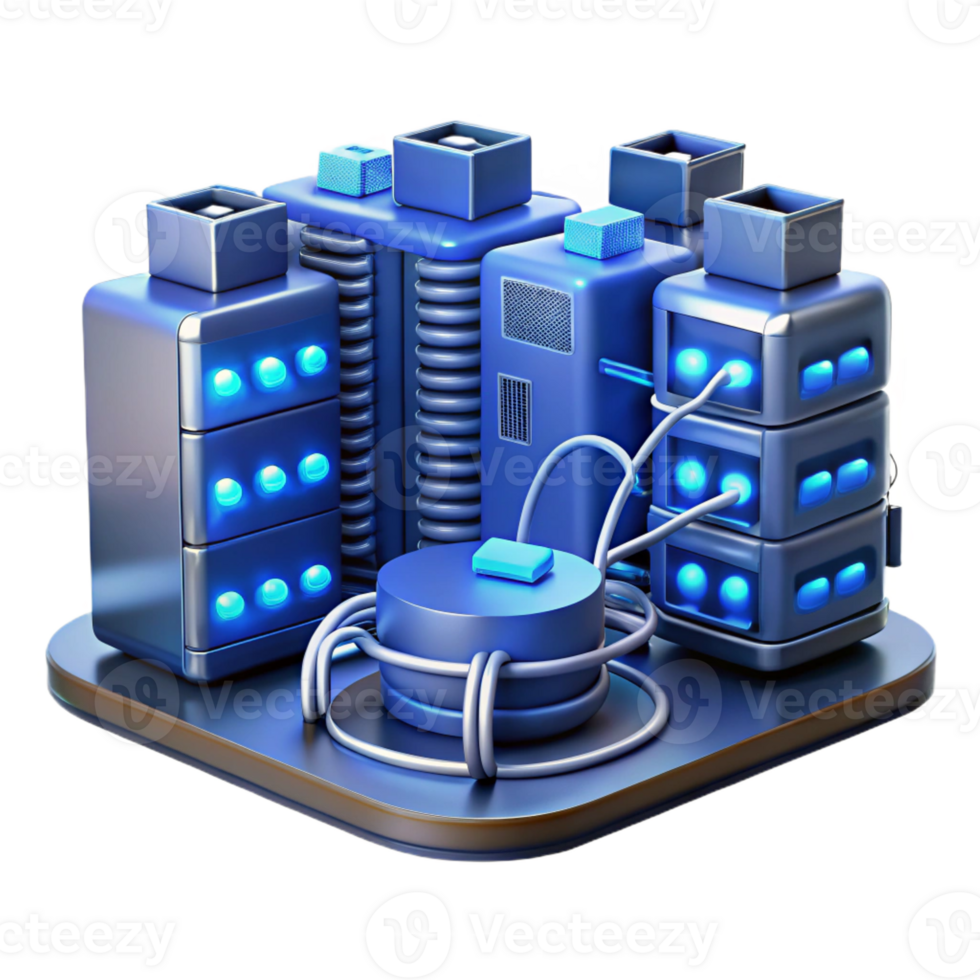 elegant traditional A server room filled with blinking lights and cables, complex and organized chaos, cool blue lighting detailed png