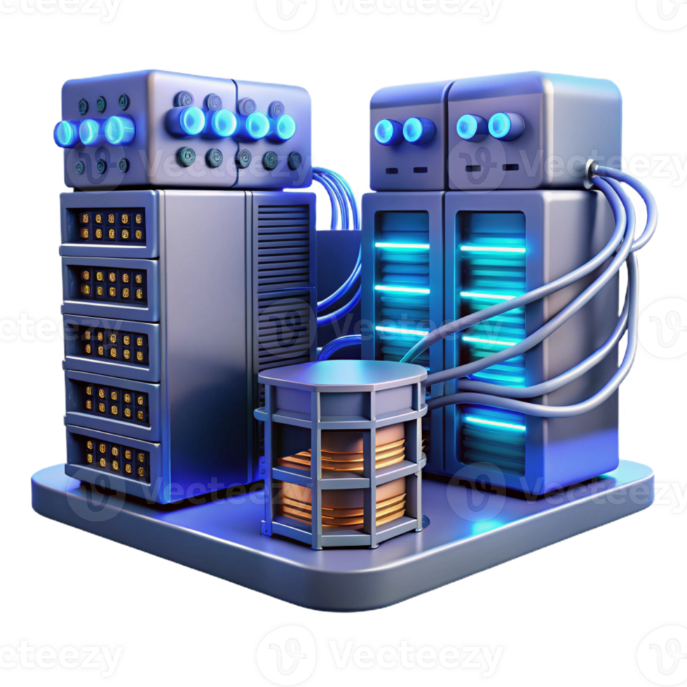 vibrant traditional A server room filled with blinking lights and cables, complex and organized chaos, cool blue lighting detailed png