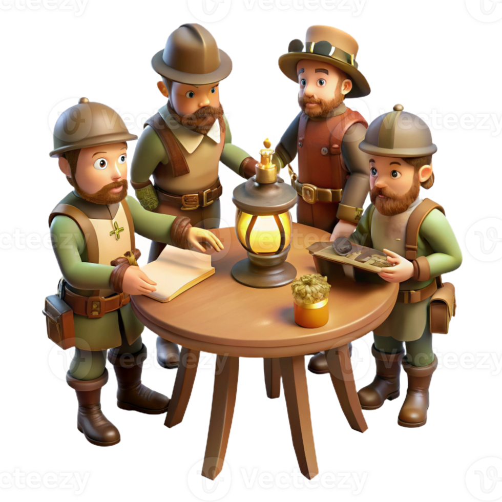 stunning contemporary A group of steampunk explorers gathered around a map table, lit by flickering gas lamps, vintage style genuine png