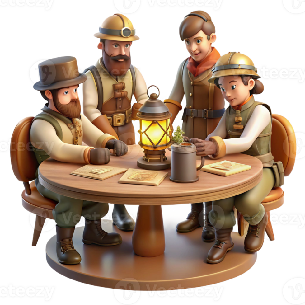 vibrant vintage A group of steampunk explorers gathered around a map table, lit by flickering gas lamps, vintage style original png