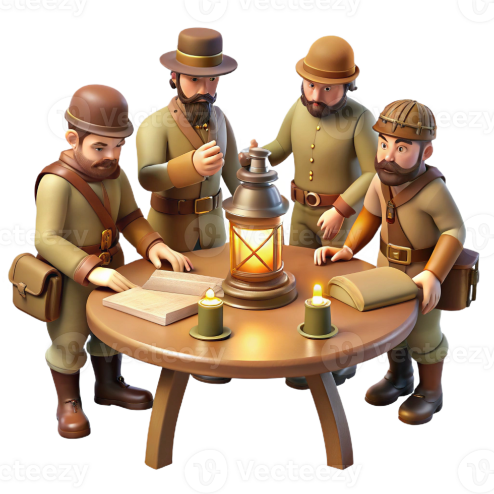 extraordinary classic A group of steampunk explorers gathered around a map table, lit by flickering gas lamps, vintage style exclusive png