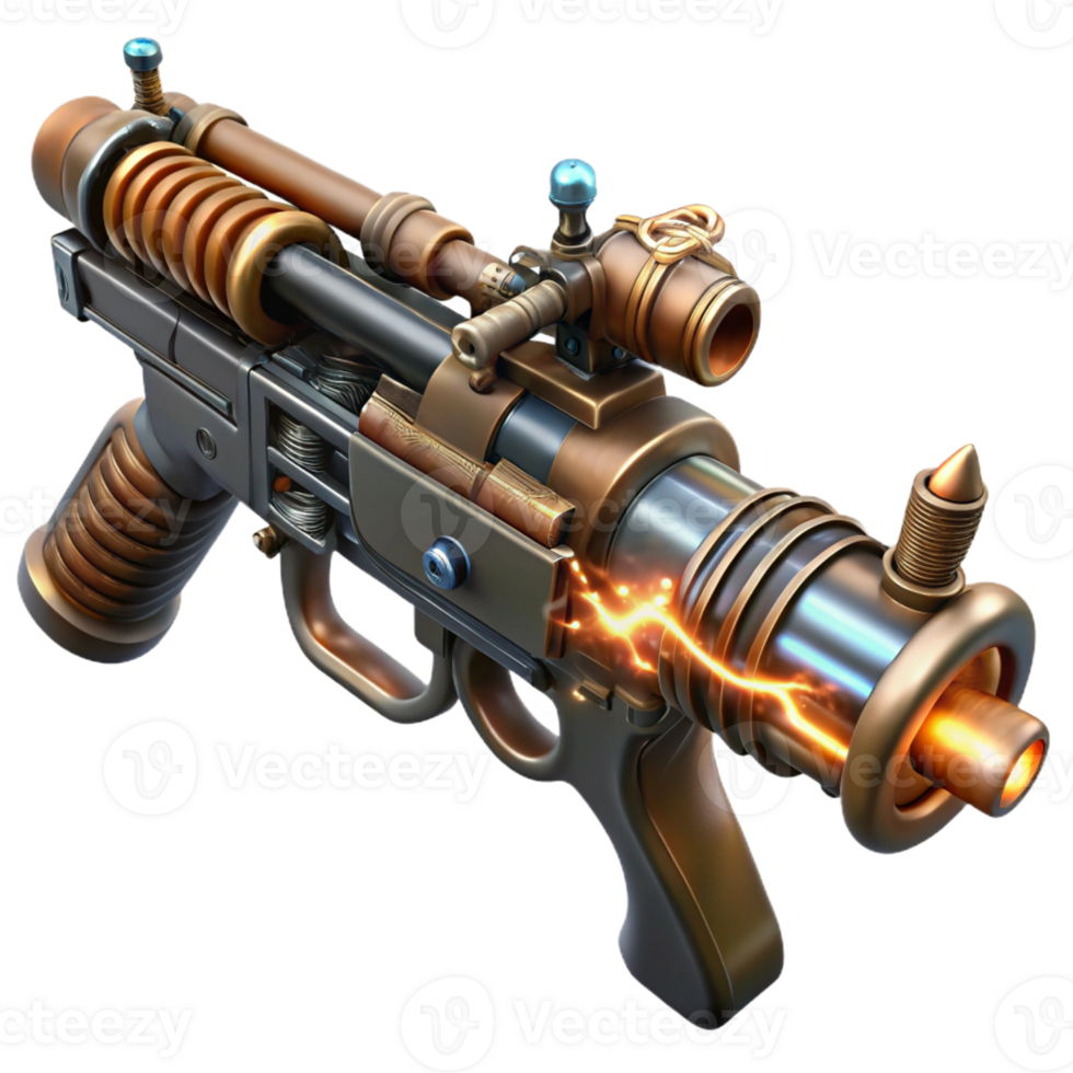 vibrant creative A steampunk-inspired weapon resembling a Tesla coil rifle, with intricate copper wiring and glowing energy coils, dark, moody lighting, sci-fi style professional png