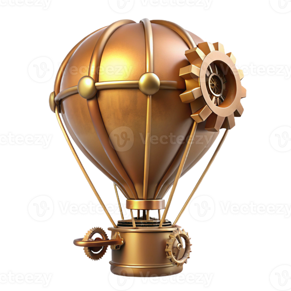 wonderful classic A steampunk-themed hot air balloon with intricate brass framework and a large gear-driven propeller, bright midday sun, vintage style authentic png