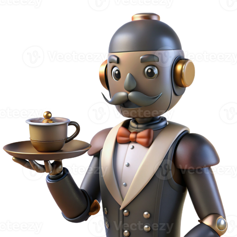 stunning rustic A steampunk-inspired robot butler holding a silver tray with a steaming cup of tea, soft diffuse lighting, cartoon style high resolution png