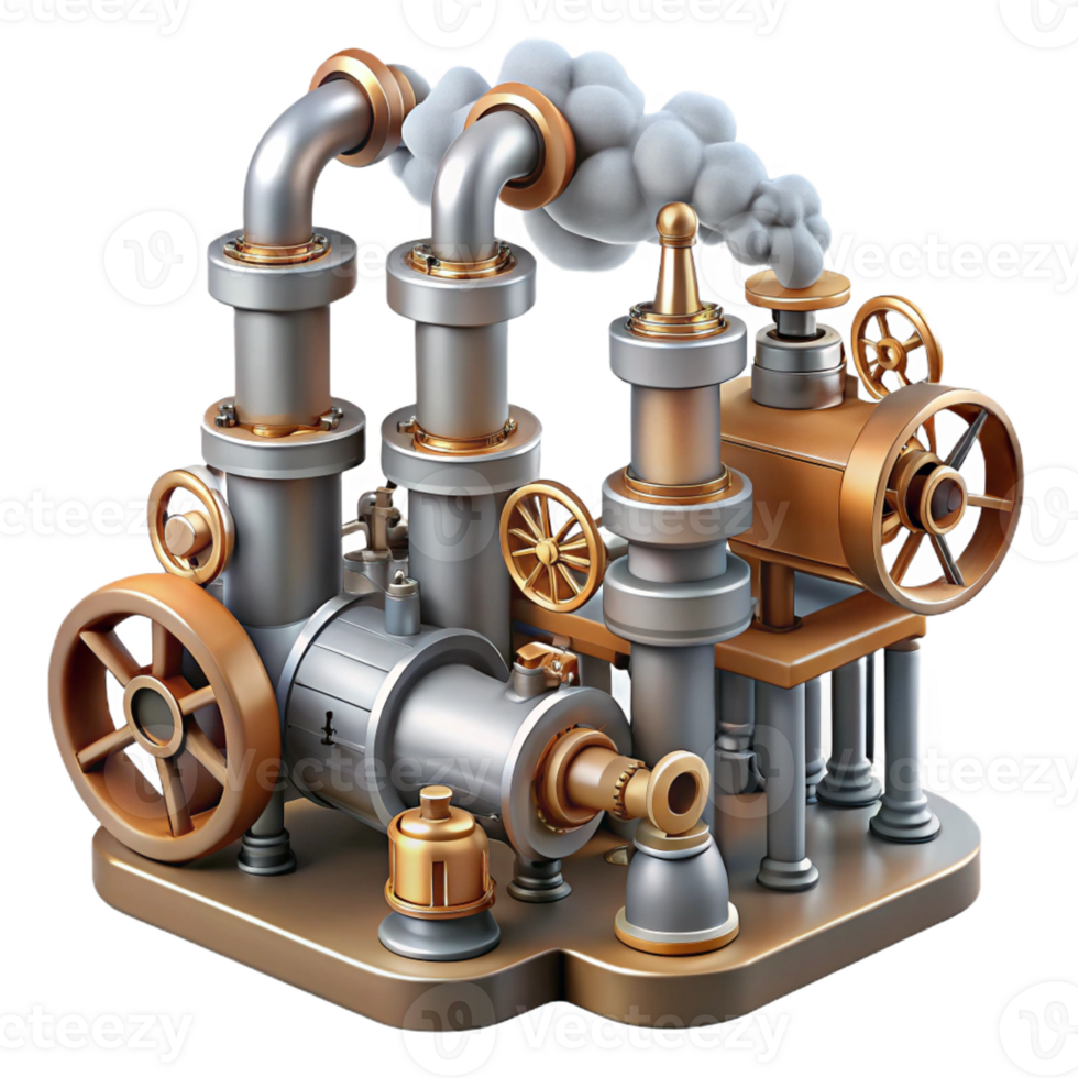 vibrant traditional A complex network of steampunk pipes and valves, with steam billowing from various points, industrial lighting, photorealistic style 4K png