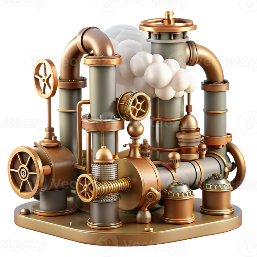 magnificent classic A complex network of steampunk pipes and valves, with steam billowing from various points, industrial lighting, photorealistic style original png