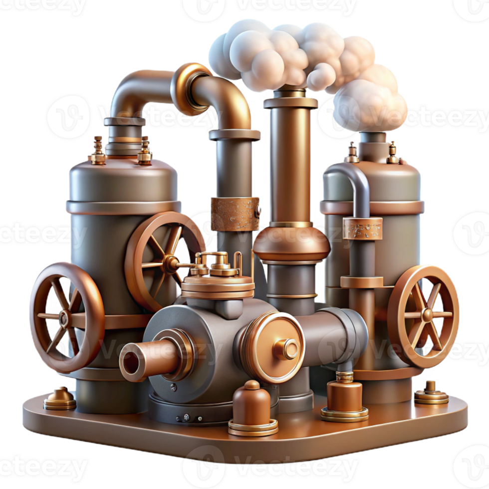 magnificent vintage A complex network of steampunk pipes and valves, with steam billowing from various points, industrial lighting, photorealistic style detailed png